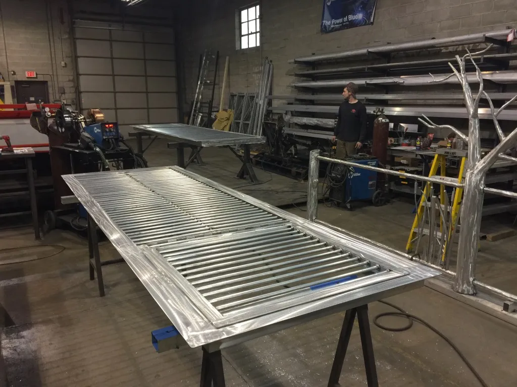 Large fabricated metal gate in the welding shop