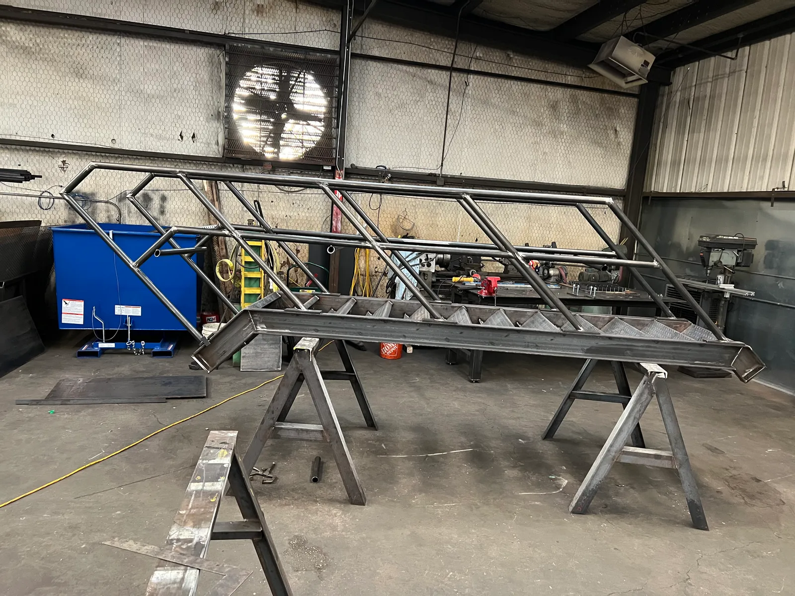 Custom triangular steel framework during fabrication
